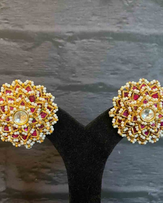 Floral Oversized Gold Studs With Rubies And Ghungroos