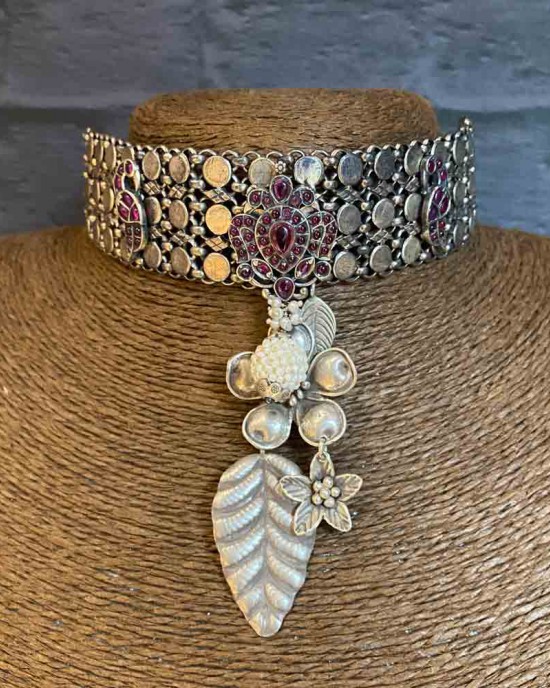 Silver Choker With Pink Stones And Charms