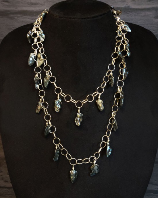 Dual Chain Necklace With Black Pearls