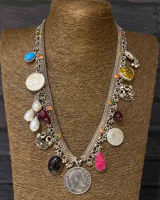 Silver Coin Ghunghroo Chain With Coloured Stones