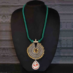 Dual Rounded Pendant With Rose And Green Thread Necklace