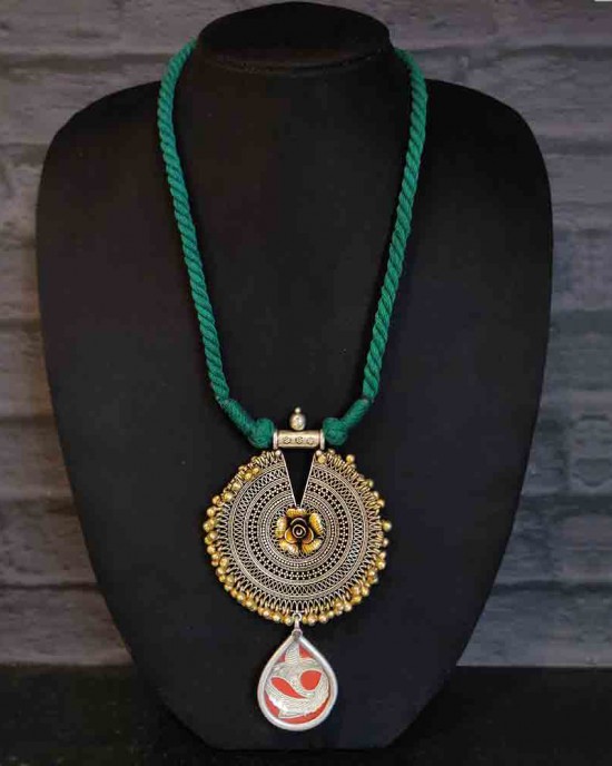 Dual Rounded Pendant With Rose And Green Thread Necklace