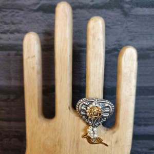 Dual Toned Ring With Bird And Rose Motif