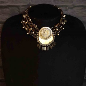 Multilayer Pewter Stone Necklace With Round Pendant