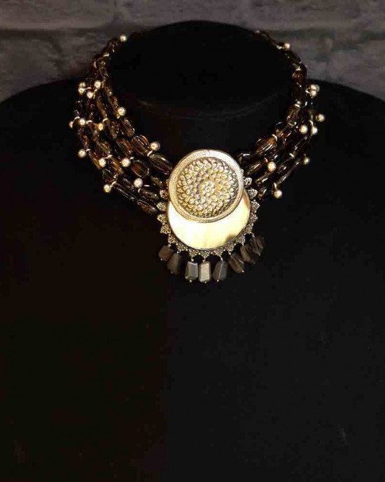 Multilayer Pewter Stone Necklace With Round Pendant