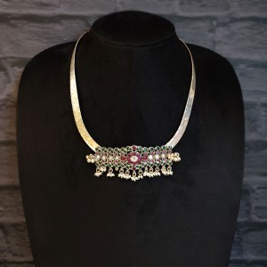 Silver Choker With Broad Green And Pink Stone Band