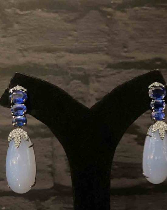 Drop Shaped Tanzanite Stone Earrings With Aqua Stones