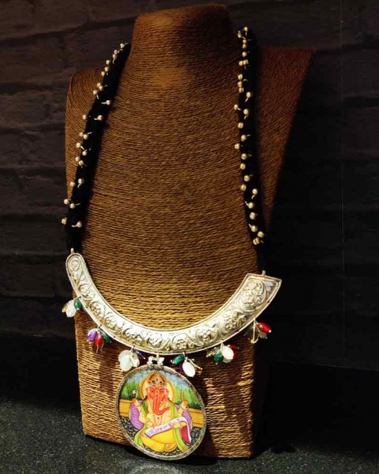 Silver Neckpiece With Ganesha Pendant And Coloured Stones