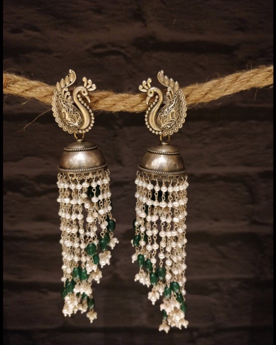 Filigree Peacock Emerald Pearl Jhumka