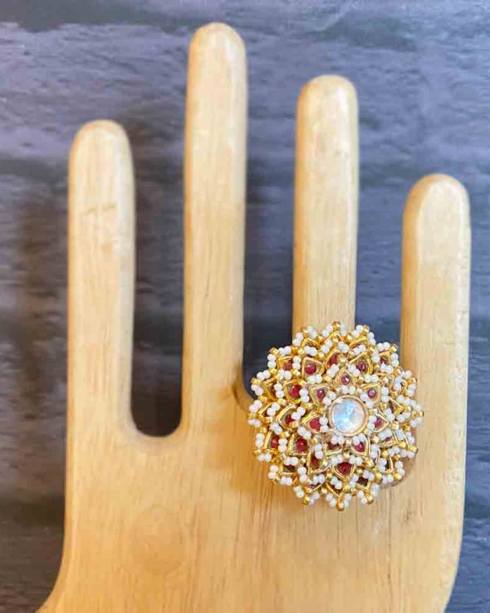 Floral Oversized Gold Ring With Rubies