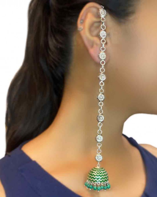 Oxidized Long Earring With Green Jhumka