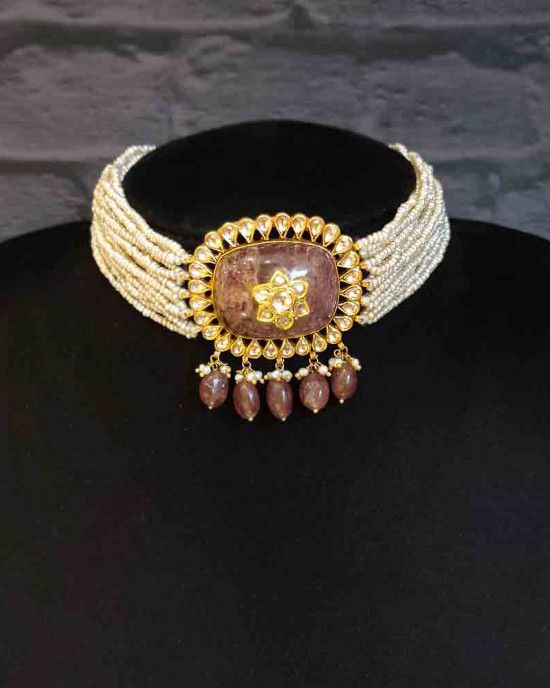 Multilayer Pearl Choker With Kundan Stones And Brown Stone