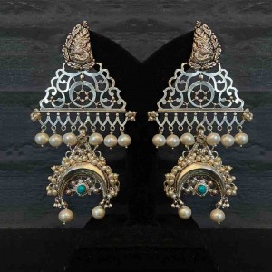 Intricate Silver Chandbalis With Aqua Stones