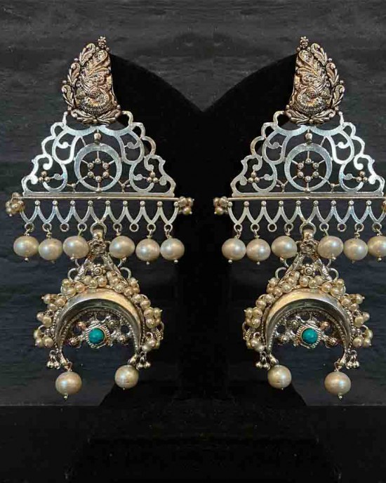 Intricate Silver Chandbalis With Aqua Stones